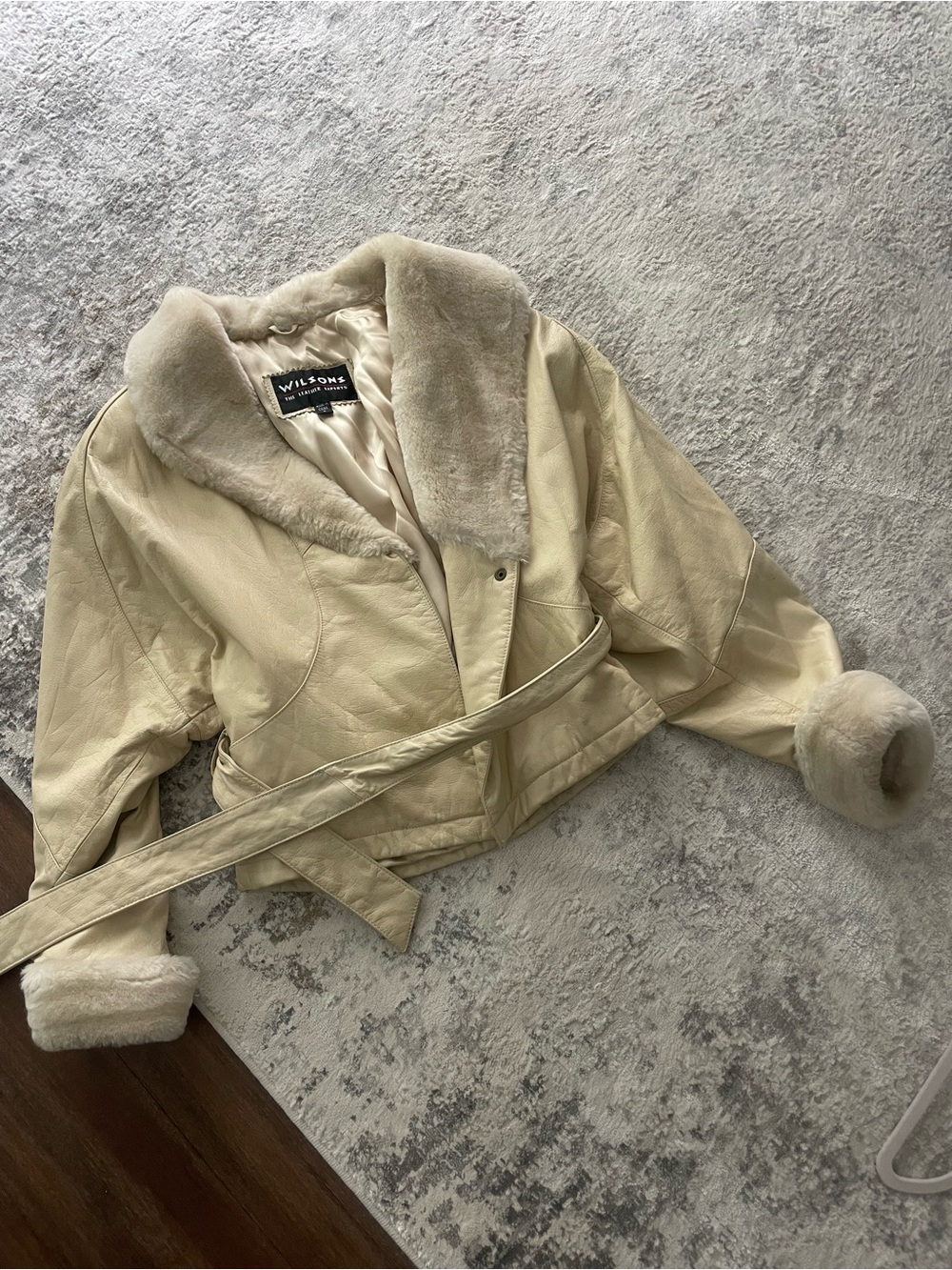 Wilson Cream Leather Belted Jacket with Faux Fur Collar